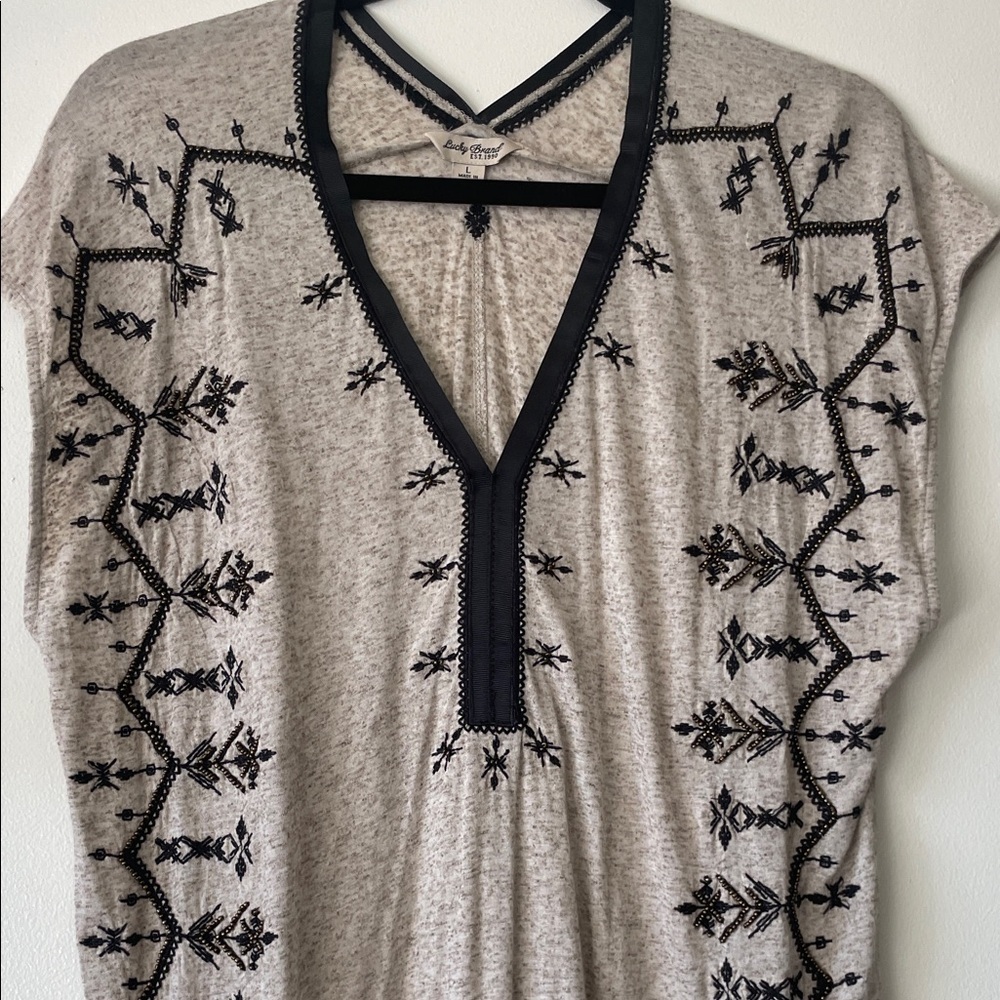 Lucky Brand|Boho Chic Embroidered tunic top w/ beading|oatmeal/black| Large| EUC - Picture 7 of 14